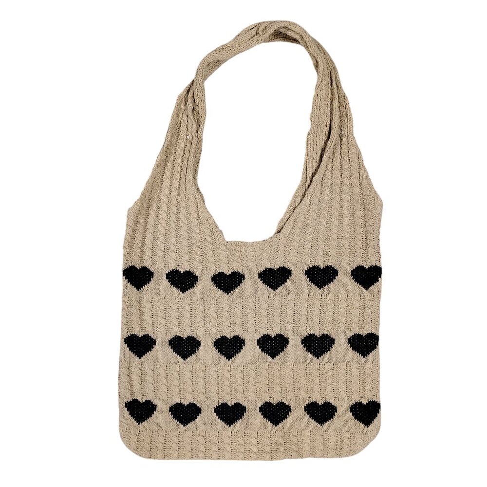 Crochet Tote Bag Tan and Black Heart Pattern Boho / Hobo Style